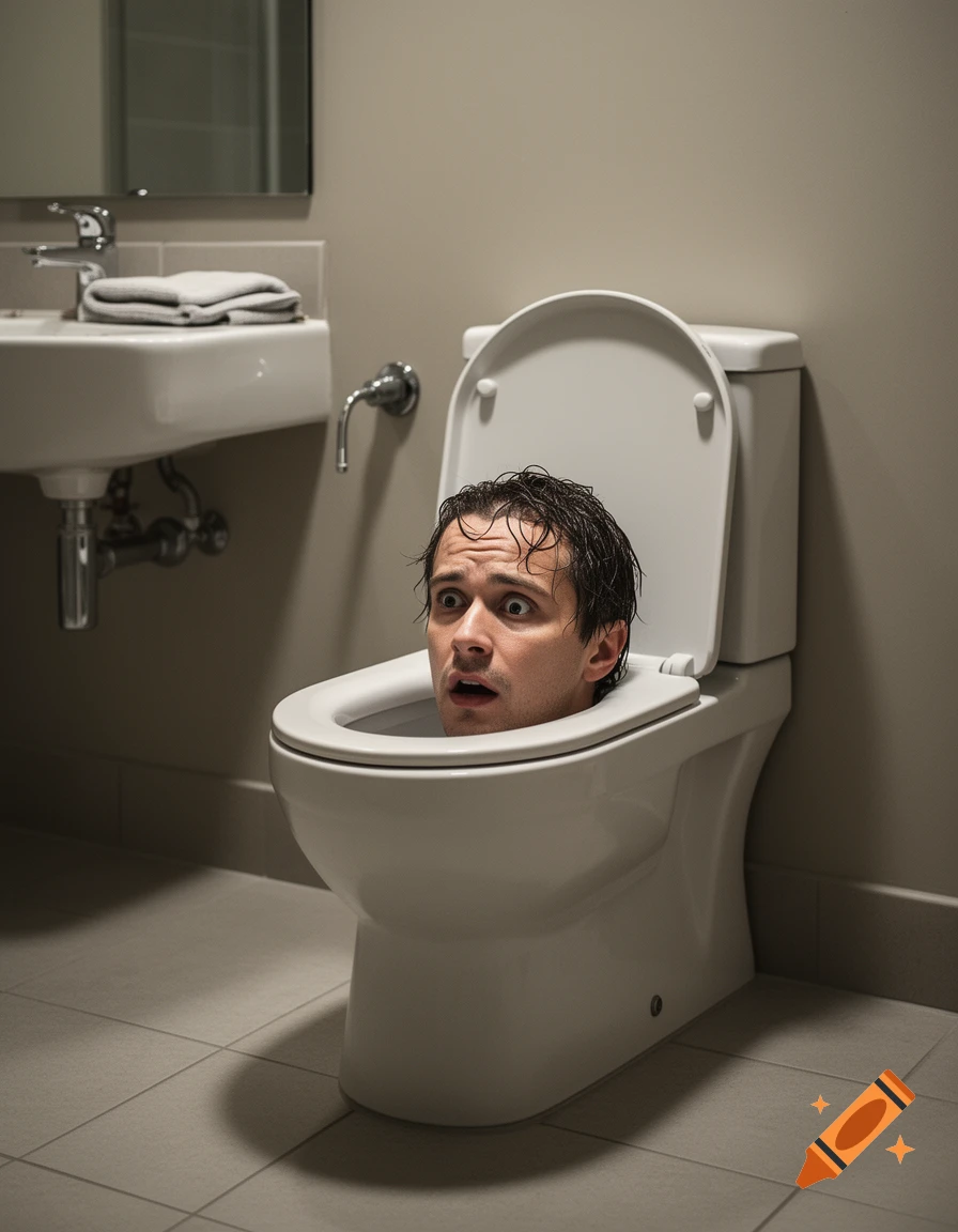 Photorealistic image of a man's head emerging from inside a white toilet bowl in a modern bathroom.