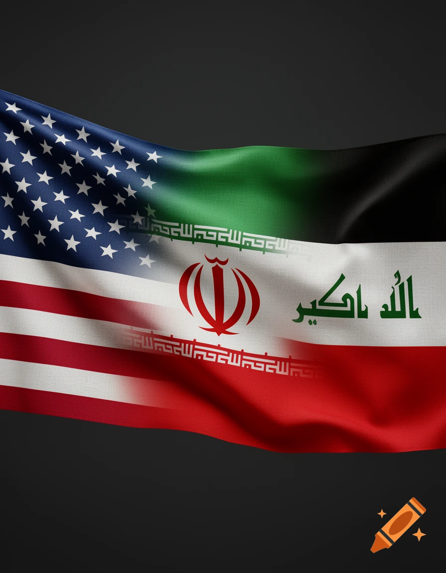Waving flag blending the American, Iranian, and Iraqi flags together against a dark background.