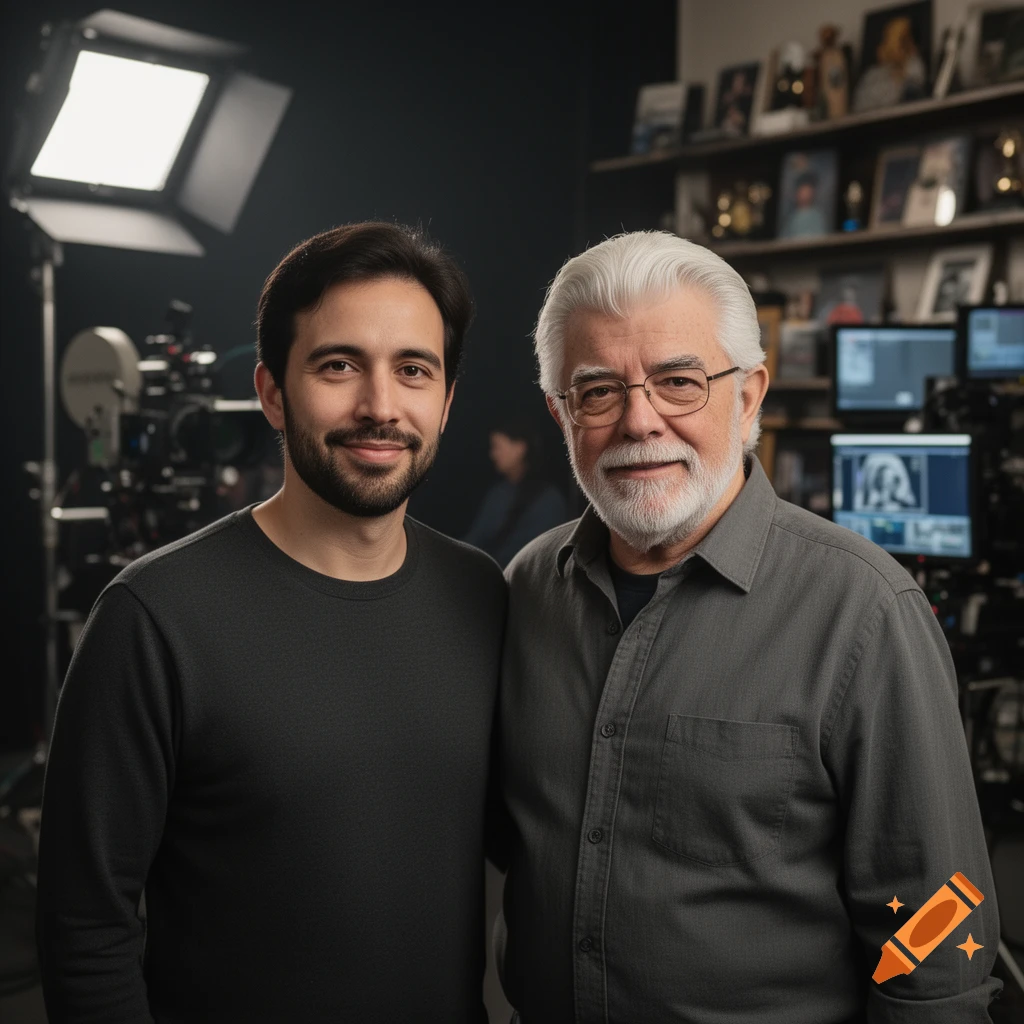 Photorealistic portrait of a young man and filmmaker George Lucas smiling together in a studio.
