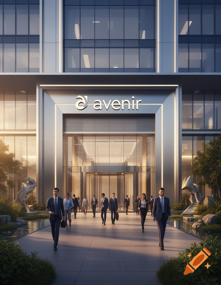 Photorealistic image of business people walking outside a modern corporate building with the sign avenir.