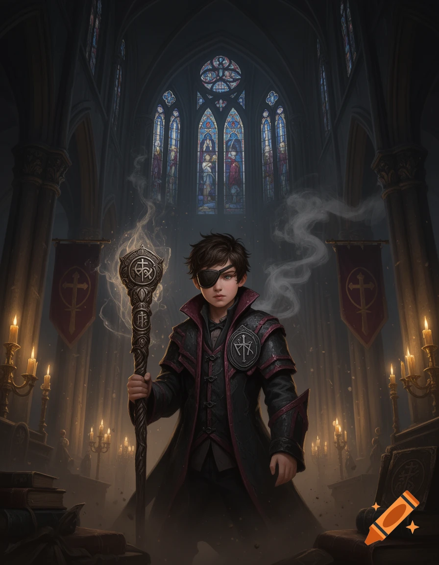 A 13-year-old sorcerer boy with an eyepatch holding a glowing staff in a gothic cathedral, digital painting style.