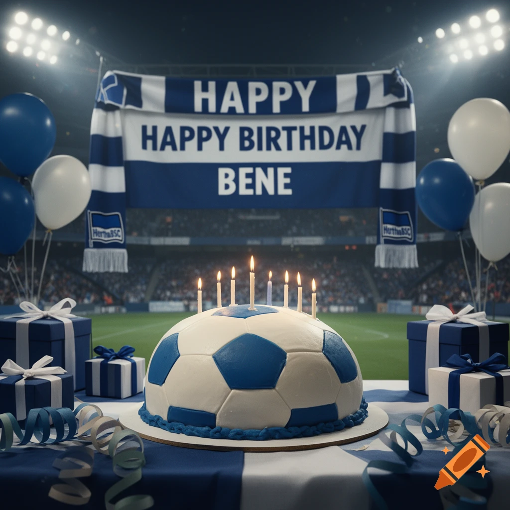 A soccer ball shaped birthday cake with lit candles on a table with gifts and Hertha BSC banner in a stadium.