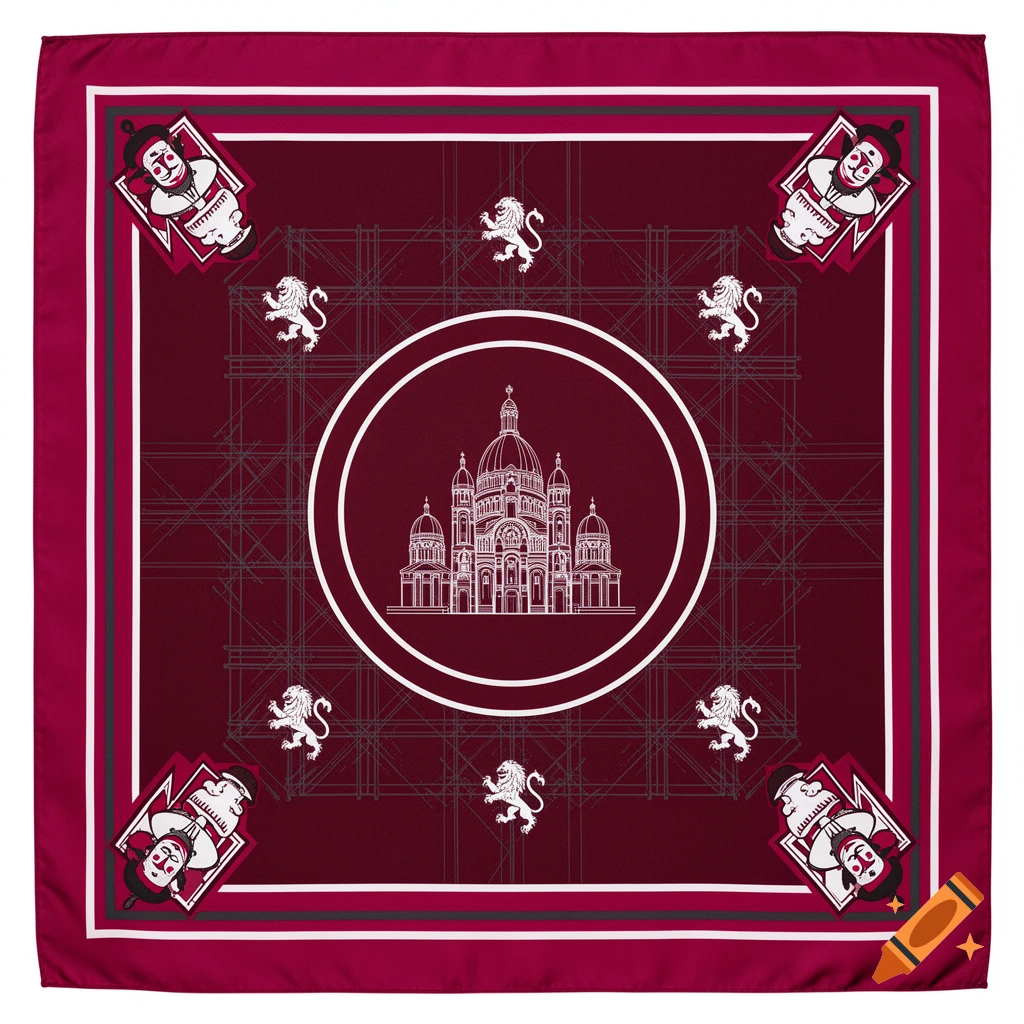 A luxury silk scarf featuring a deep magenta and burgundy design with architectural illustrations of a basilica and lions.
