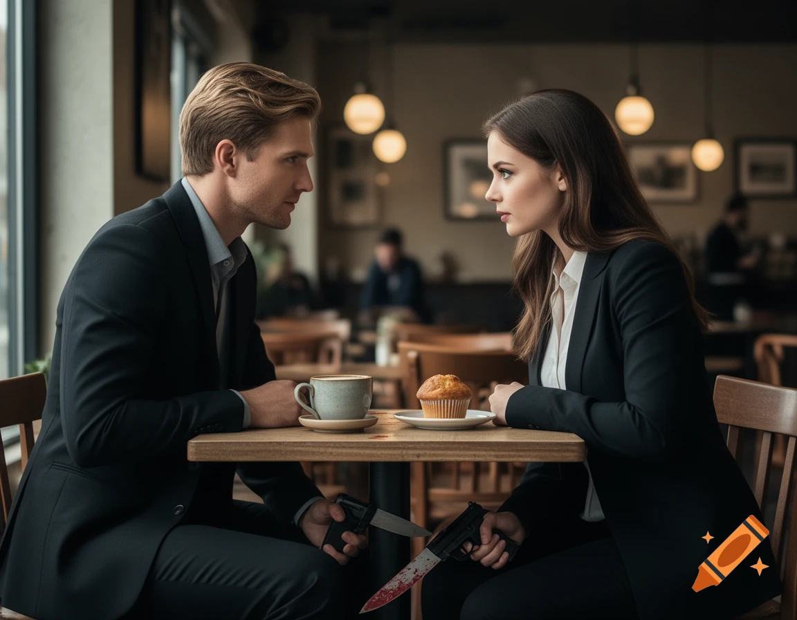 Photorealistic scene of a well-dressed man and woman sitting across from each other in a cafe, hiding weapons under the table.