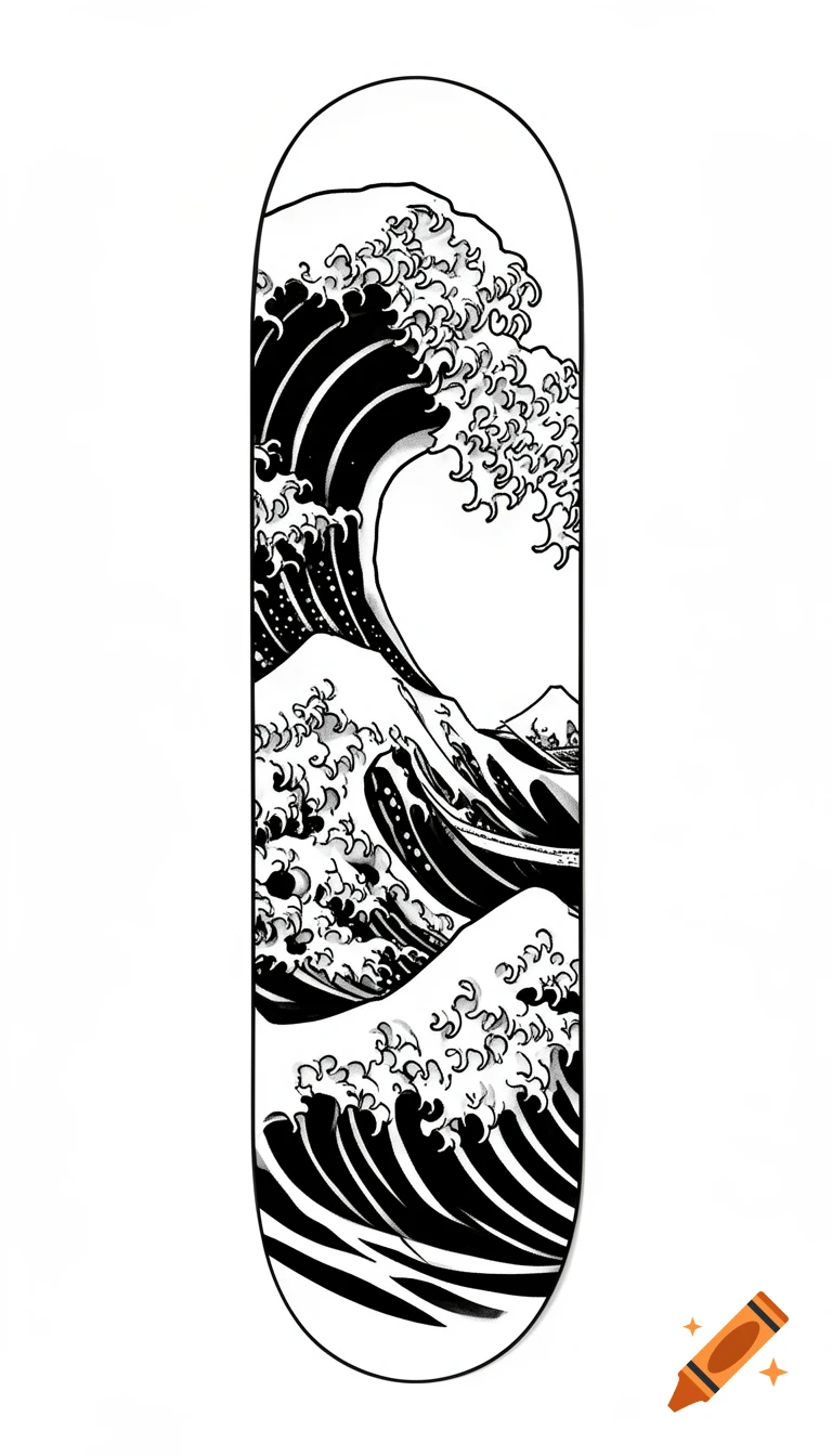 Skateboard deck graphic featuring a dynamic Japanese ocean wave in blackwork tattoo style.