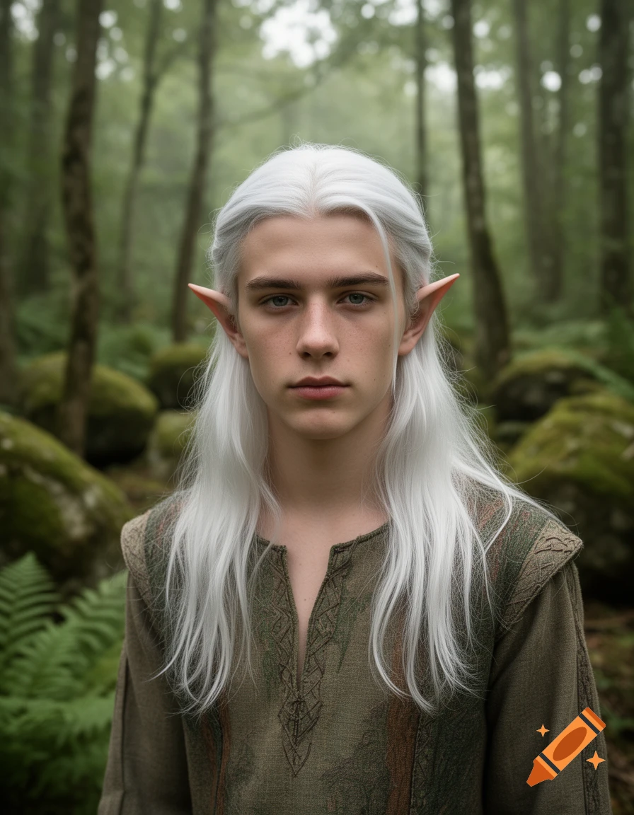 Photorealistic portrait of a young male elf with long white hair and pointed ears in a forest setting.