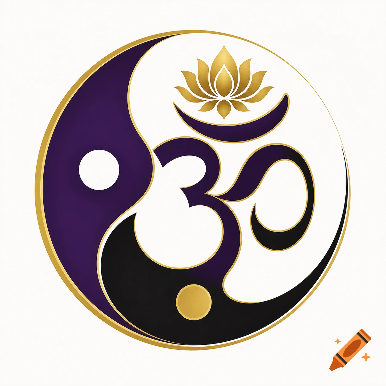 Yin and yang symbol combined with an Om symbol and a golden lotus flower, in purple, black, white, and gold, digital logo design.