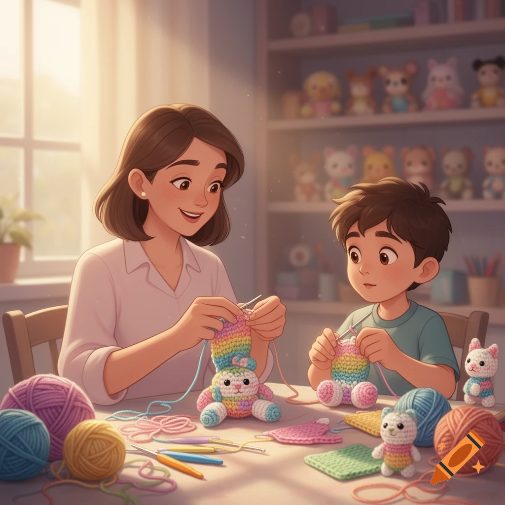An animated illustration of a woman and a young boy crocheting amigurumi toys together at a table filled with yarn.