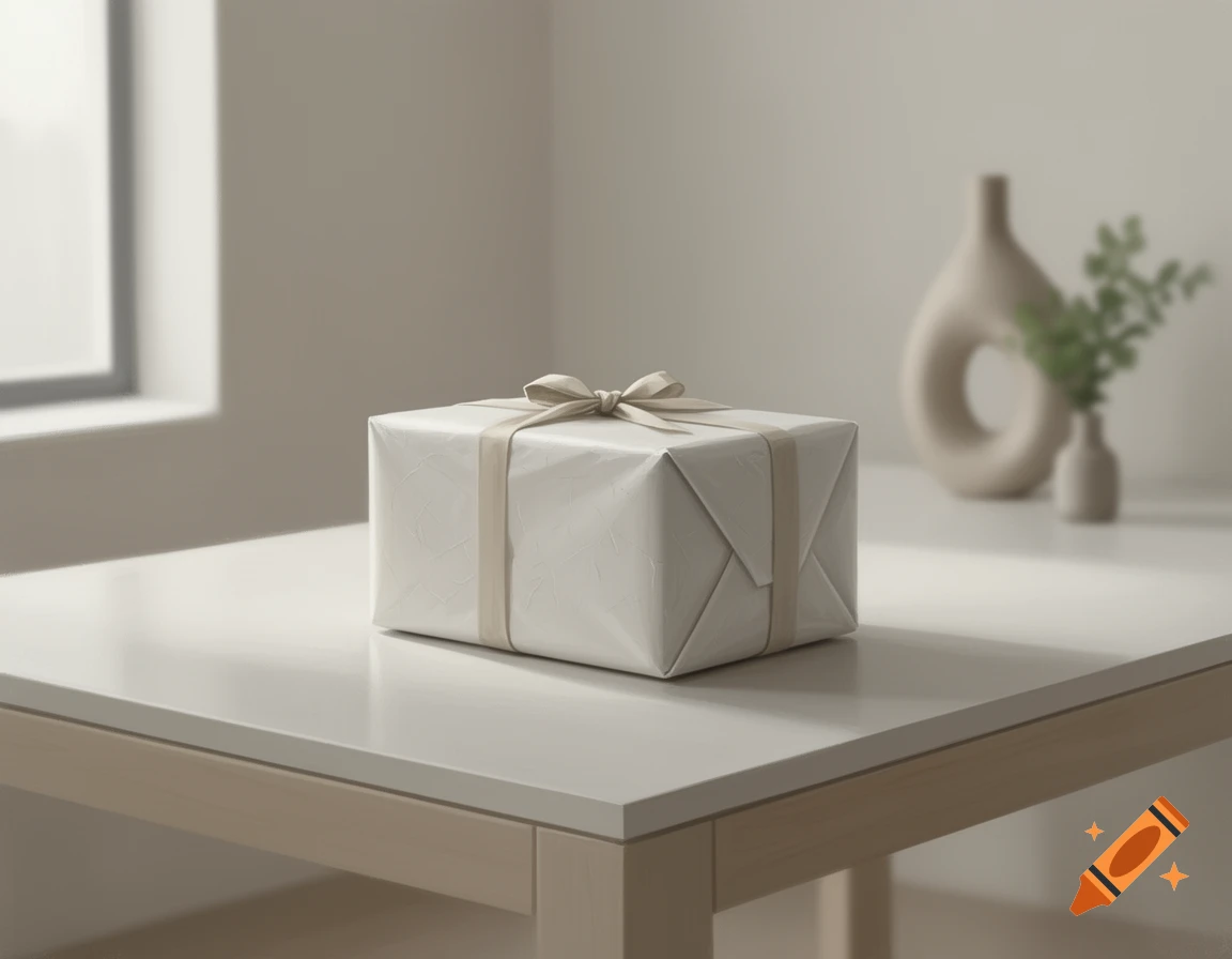 A white wrapped gift box with a beige ribbon sits on a minimalist white table in a neutral room.
