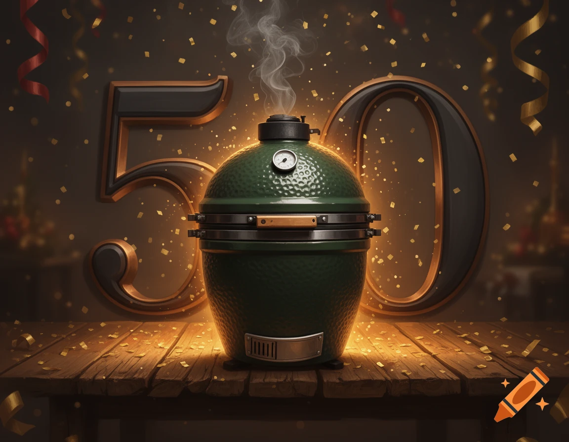 A green ceramic kamado grill on a wooden table with golden confetti and the number 50 in the background, digital art.