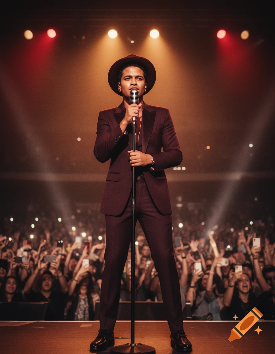 Photorealistic image of a male singer wearing a maroon suit and fedora, holding a vintage microphone on stage at a concert with a crowd in the background.