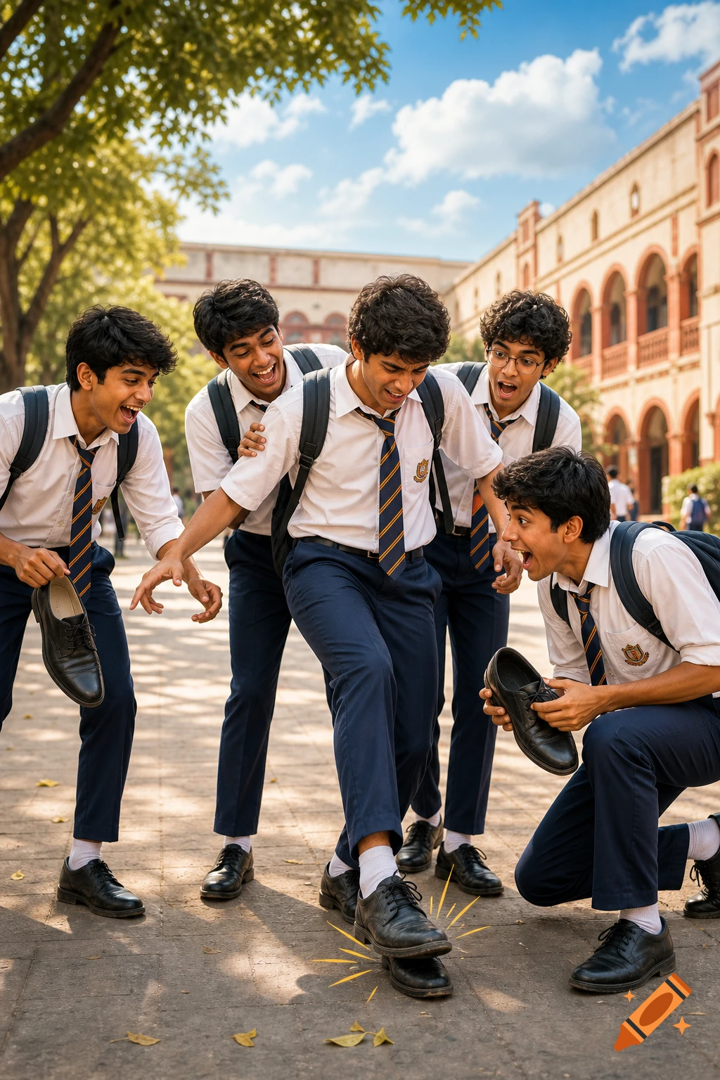 Photorealistic image of group of teenage school boys laughing while one steps on another's shoe in a courtyard.