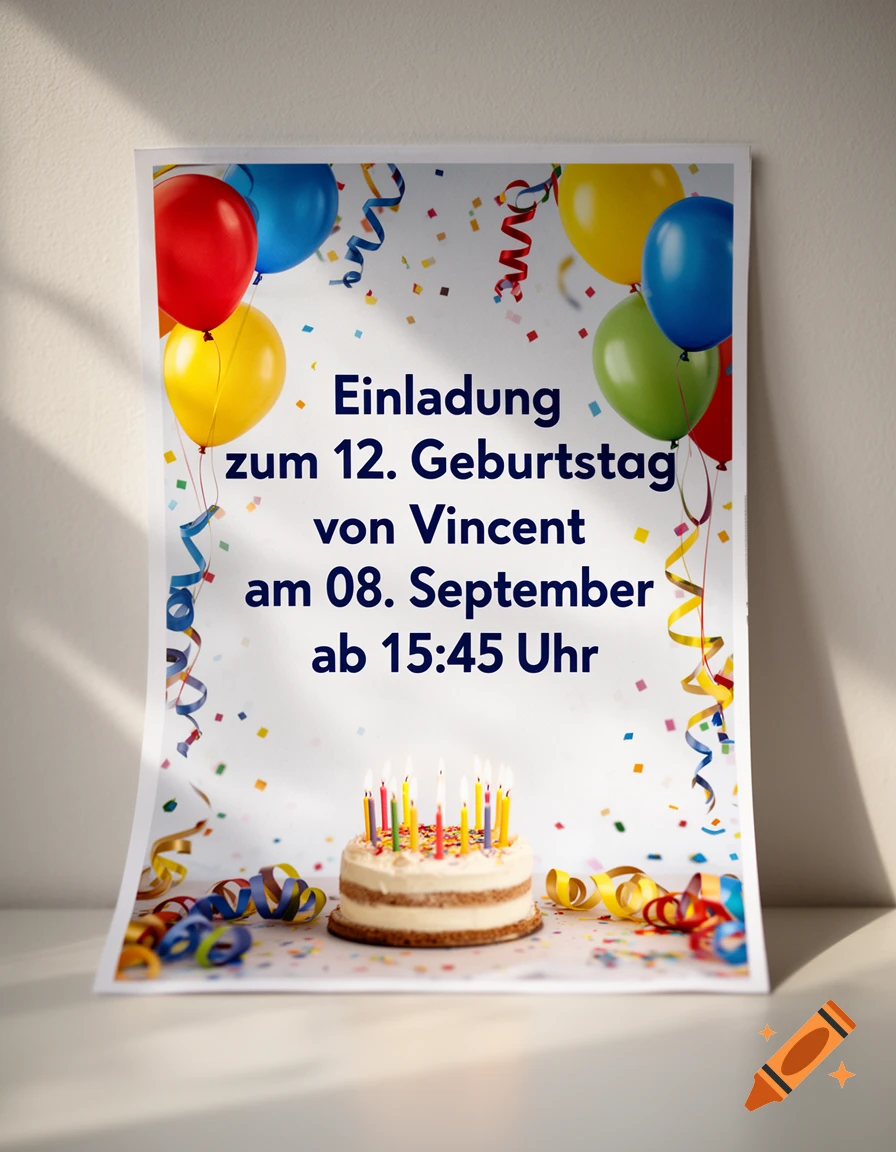 A birthday party invitation poster with balloons, confetti, and a cake with lit candles.