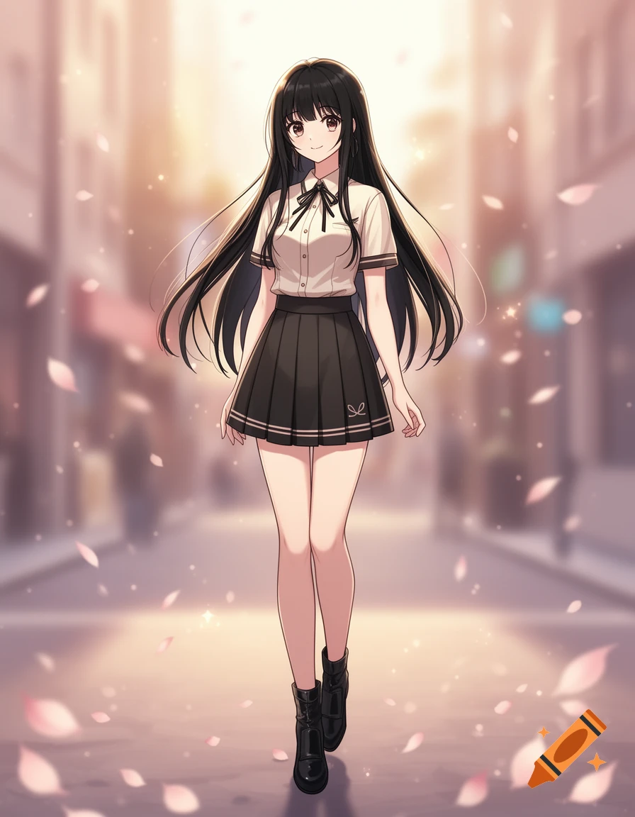 Anime style illustration of a smiling girl with long black hair wearing a white shirt and black skirt walking down a street.