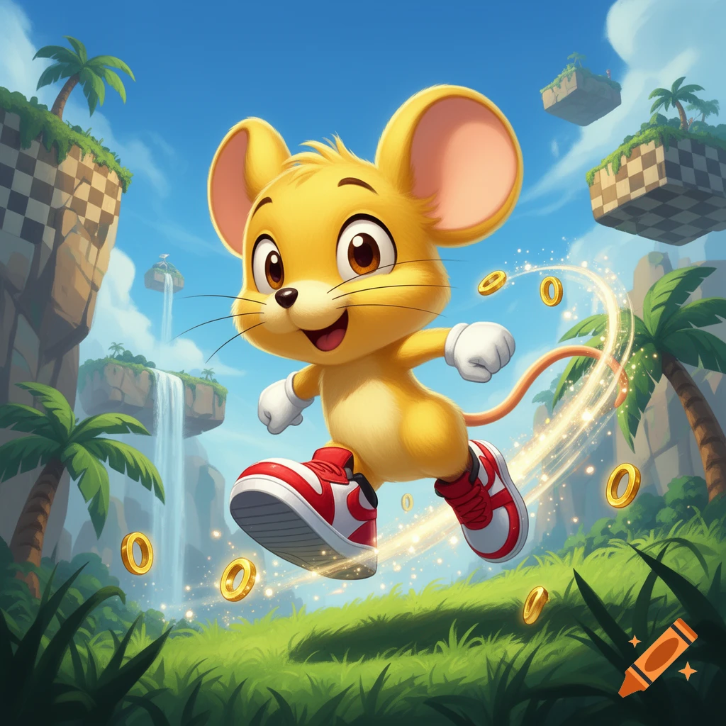 Digital illustration of a cute yellow mouse with large ears and red and white sneakers running through a green tropical zone with floating islands and golden rings.
