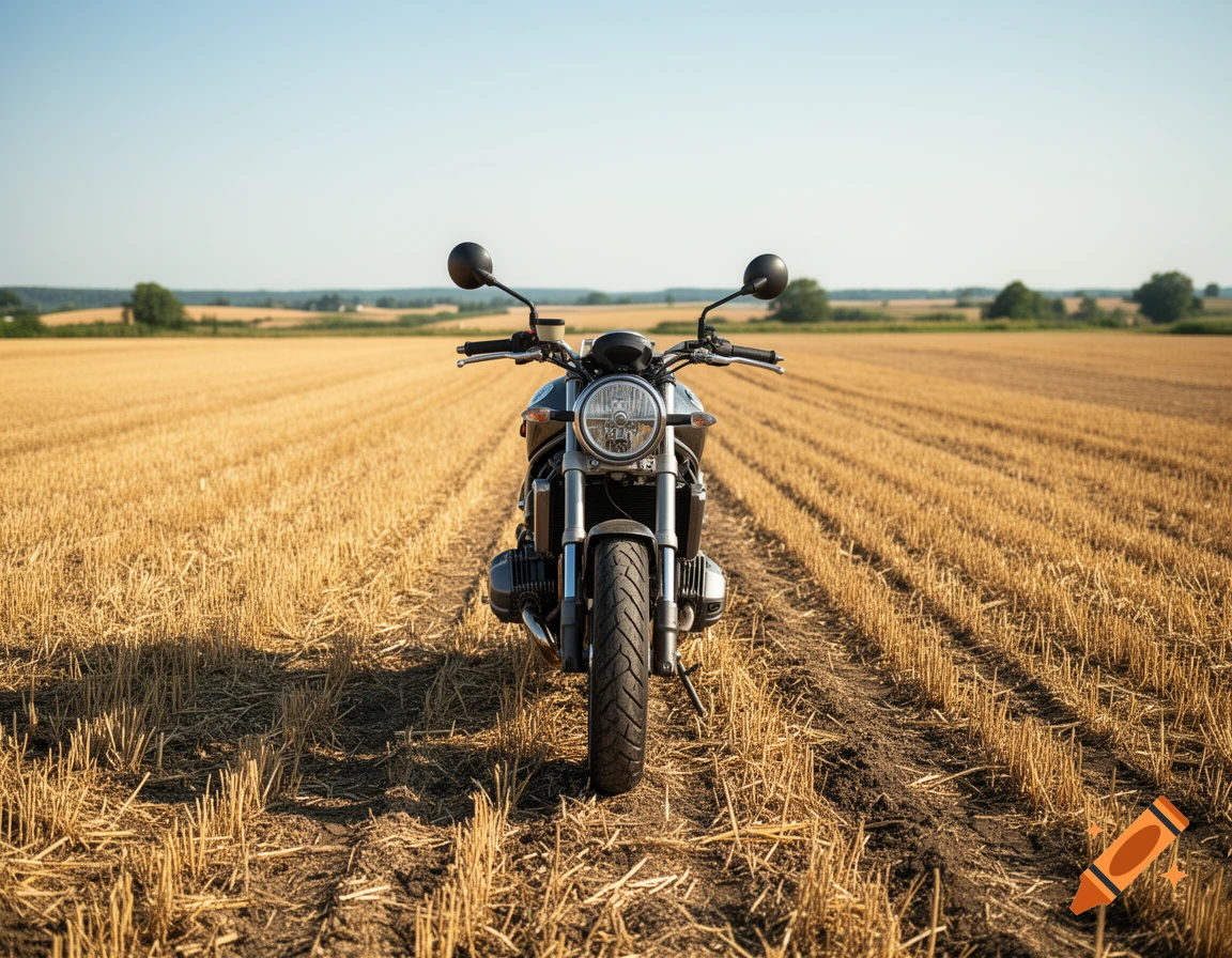 Photorealistic image of a motorcycle parked on a harvested wheat field under a clear blue sky.