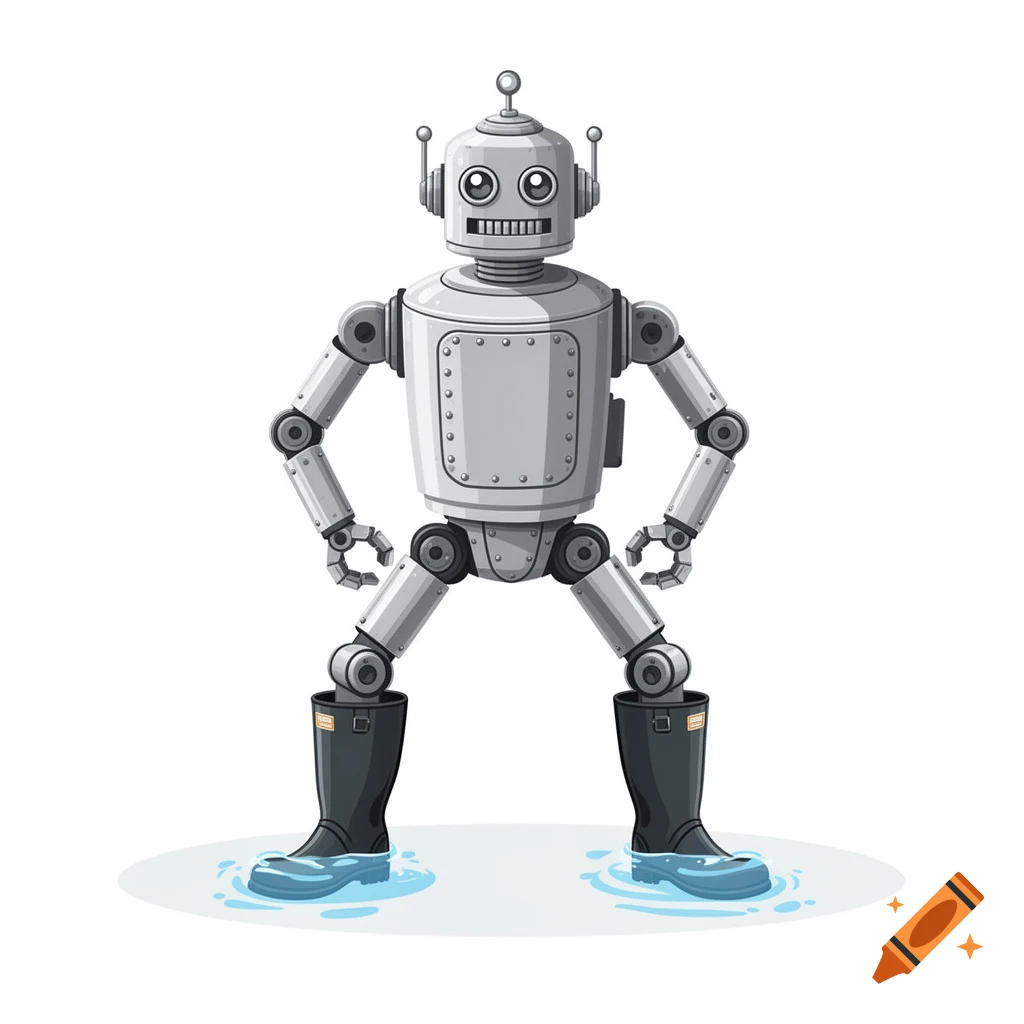 A silver retro robot wearing wellington boots filled with water, standing on a white background, digital illustration.