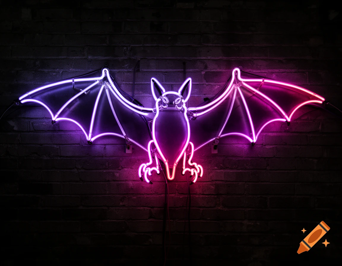 Neon bat sign glowing in purple and pink against a dark brick wall.
