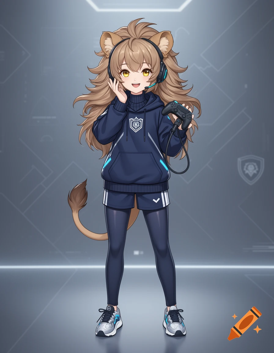 Full-body anime illustration of a cute lion-girl Vtuber with brown hair, cat ears, and a tail, wearing a navy blue hoodie and shorts, holding a game controller.