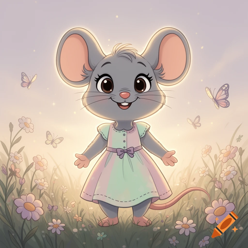 Digital illustration of a cute female cartoon mouse named Affie wearing a pastel dress in a sunny meadow with daisies and butterflies.