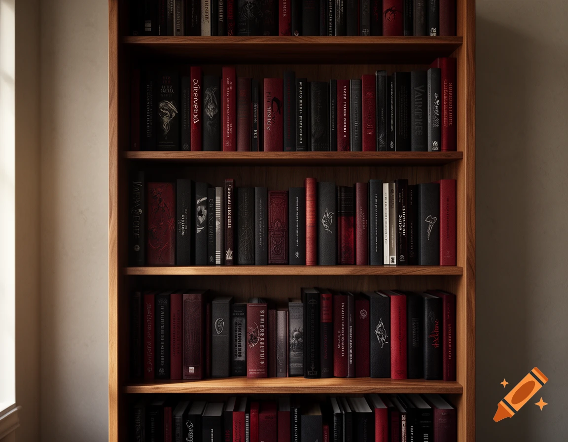 A wooden bookshelf filled with various dark-red and black vampire themed books.