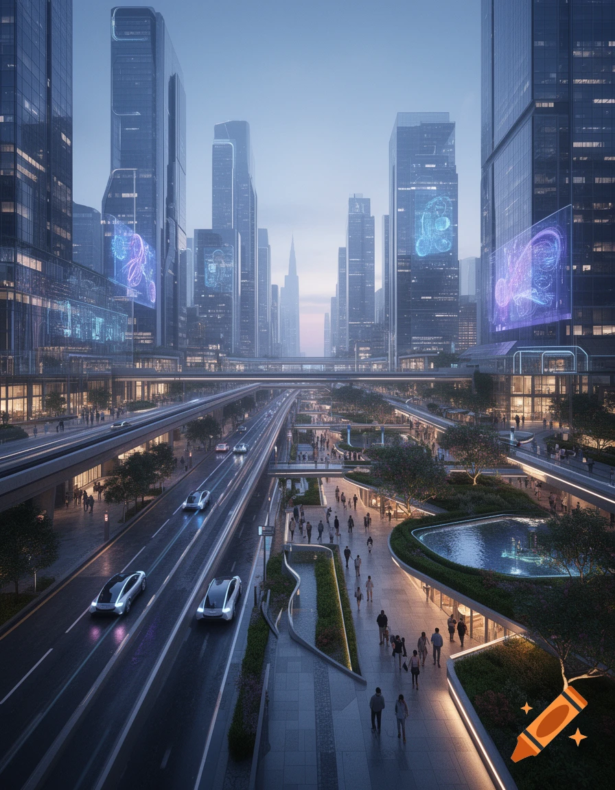 A photorealistic futuristic cityscape with towering skyscrapers, elevated highways, and glowing holographic advertisements.