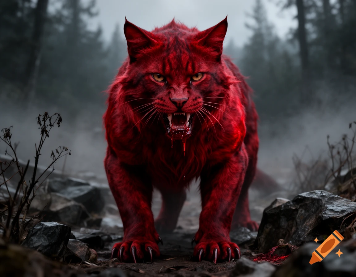 A photorealistic demonic red feline beast with glowing yellow eyes and blood on its teeth, standing in a misty, dark forest.