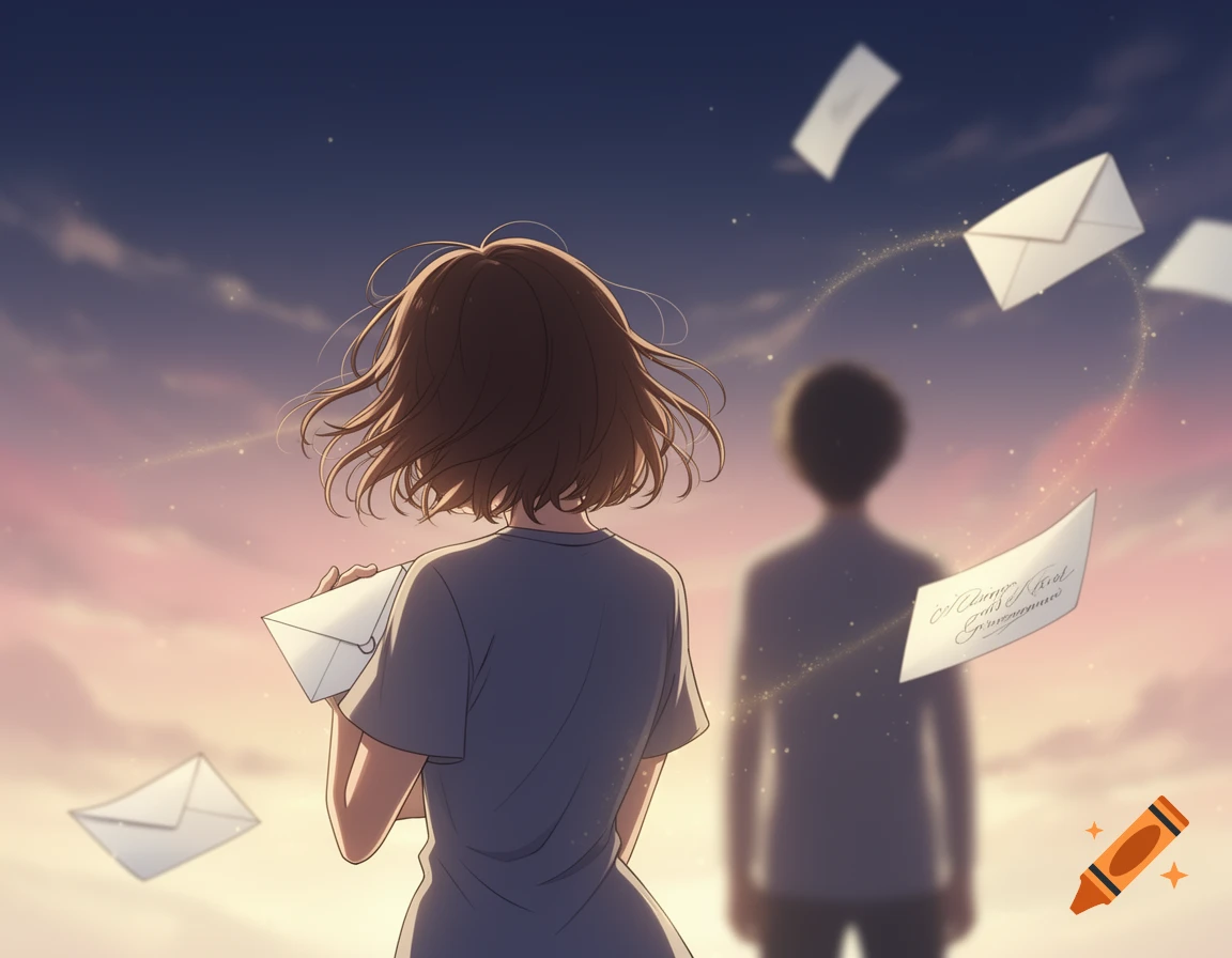 Anime style illustration of a girl holding an envelope and a boy silhouette under a sunset sky with floating letters.