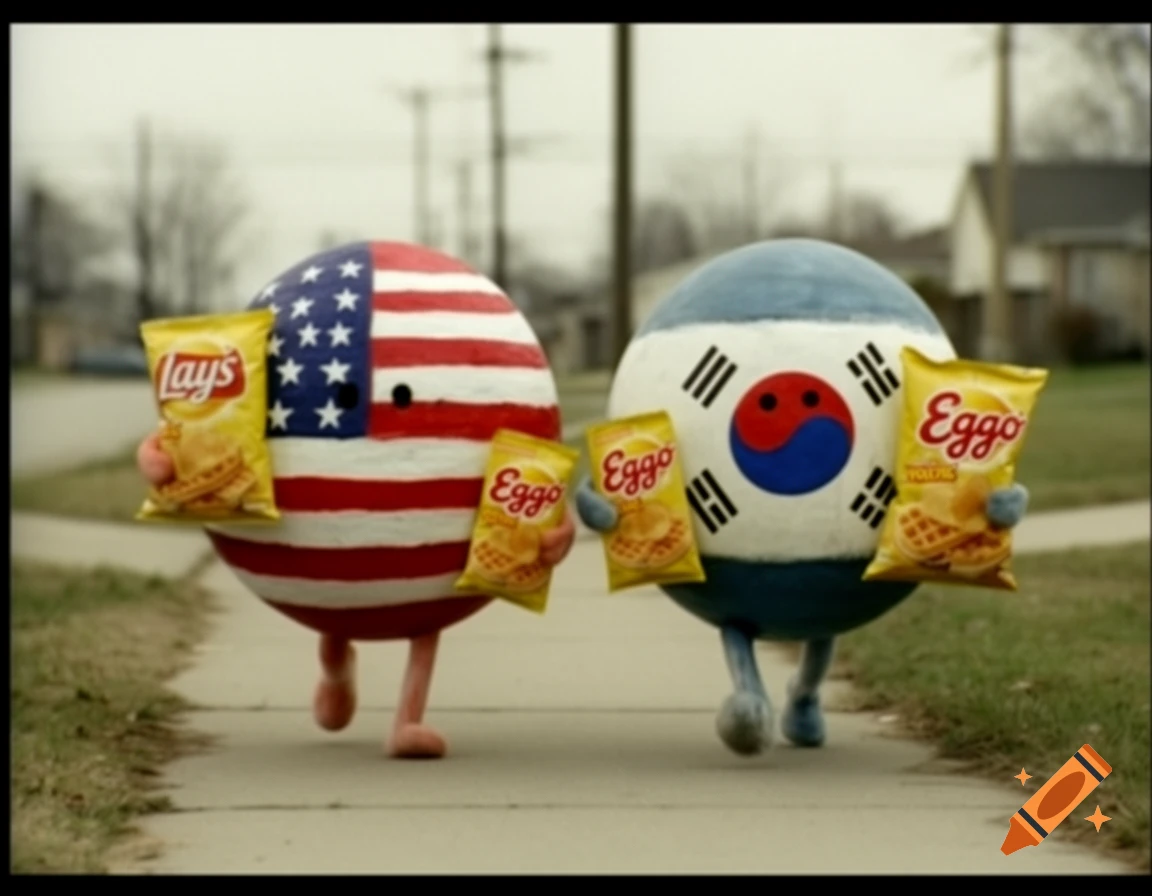 Countryballs representing the USA and South Korea walking on a sidewalk, holding snack bags, in a 1999 video style.