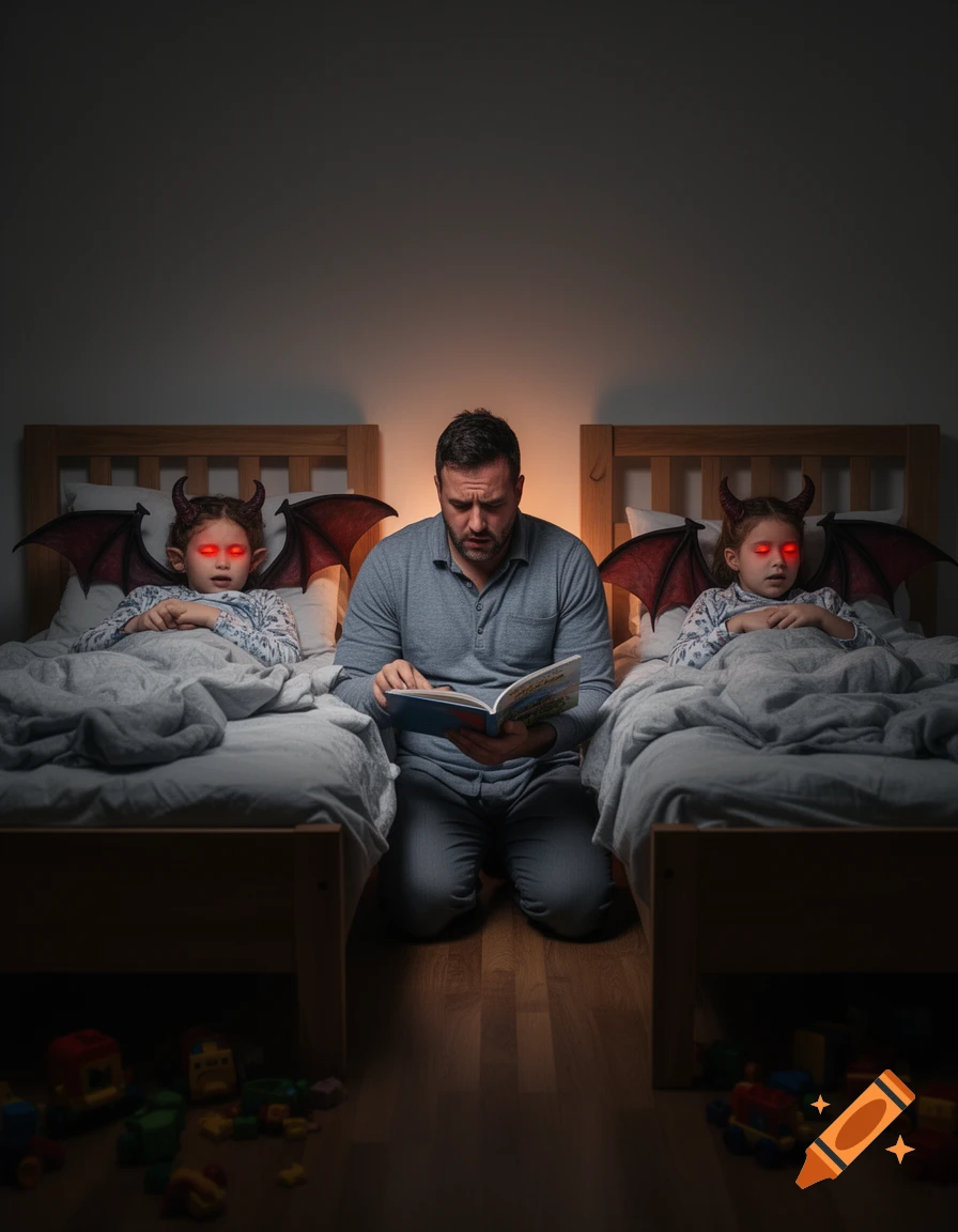 A stressed father sits between two twin children with red glowing eyes and bat wings resting in twin wooden beds, reading a book, photorealistic.