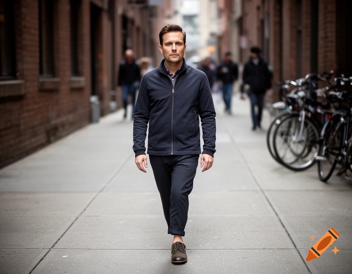 Photorealistic image of a man walking down a narrow urban alleyway with bicycles parked on the side.