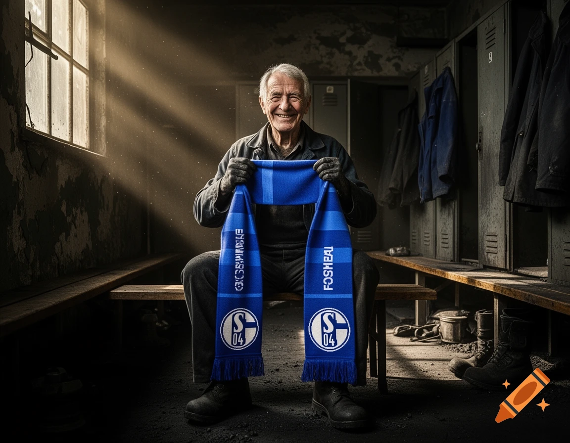 Photorealistic cinematic portrait of an elderly coal miner sitting in a locker room, holding a blue Schalke 04 scarf.