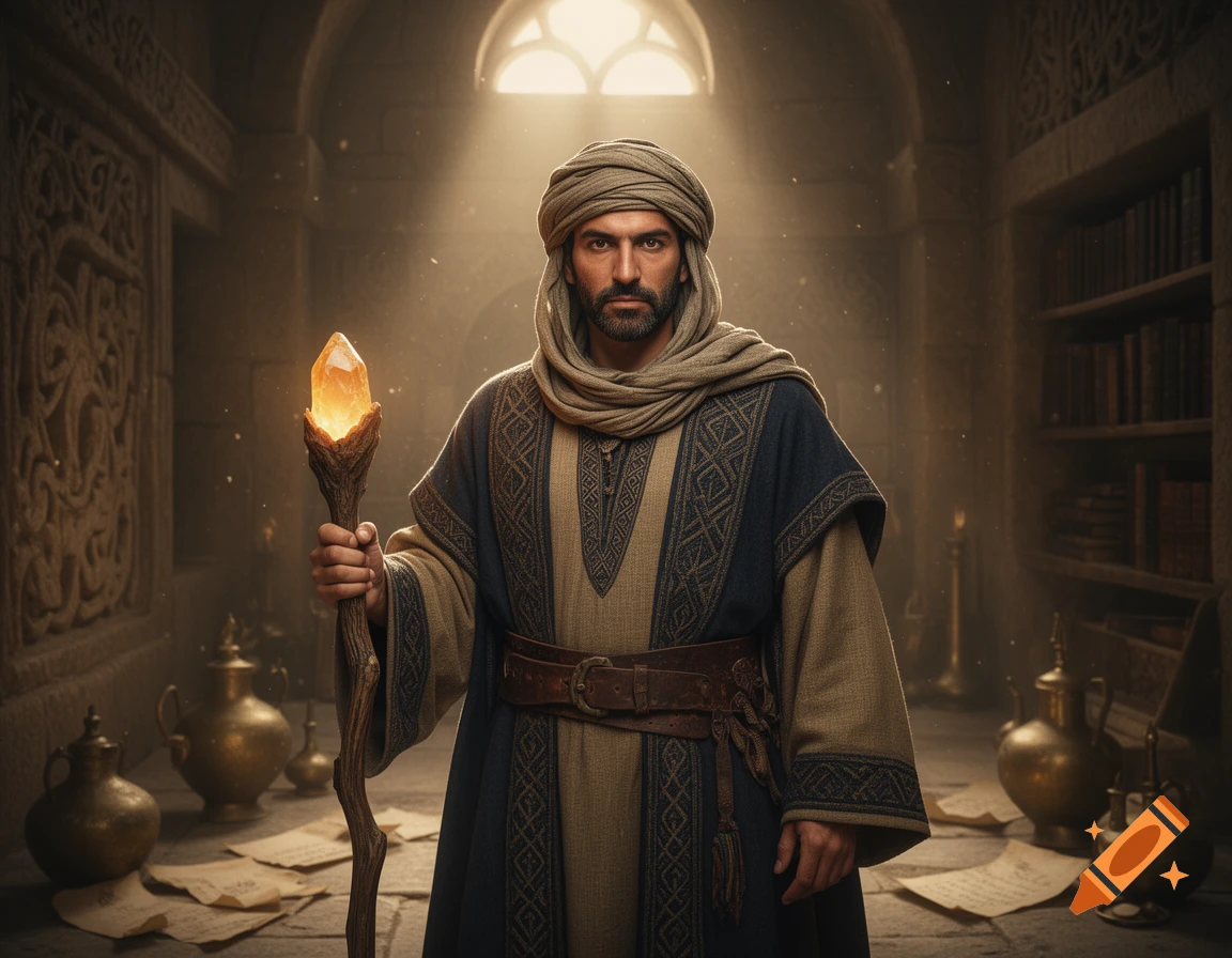 Photorealistic portrait of an Arabic sorcerer wearing a turban and robe, holding a glowing crystal staff inside an ancient stone library.