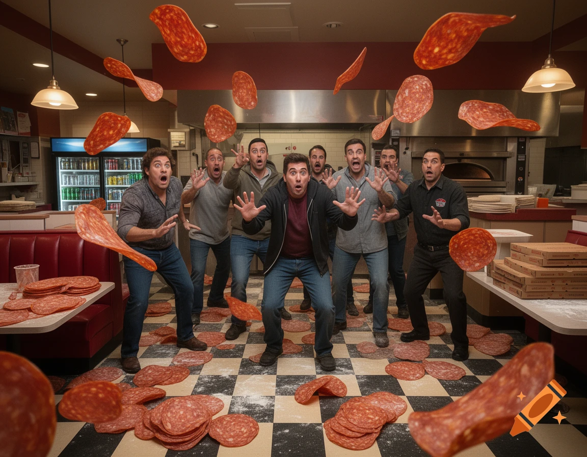 Photorealistic scene of terrified men reacting to numerous giant pepperonis raining down inside a pizza parlor.