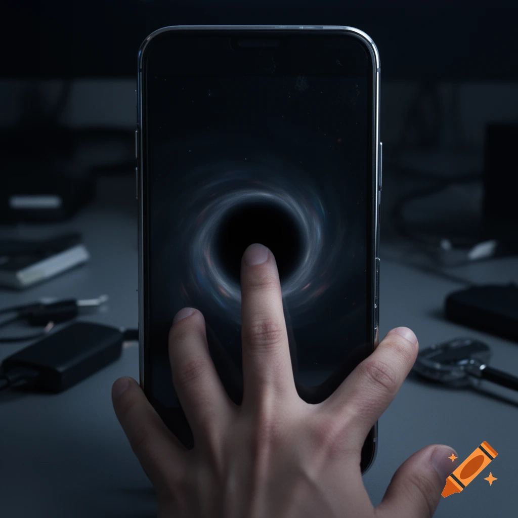 A close-up photorealistic shot of a hand reaching out to touch a black hole displayed on a smartphone screen.