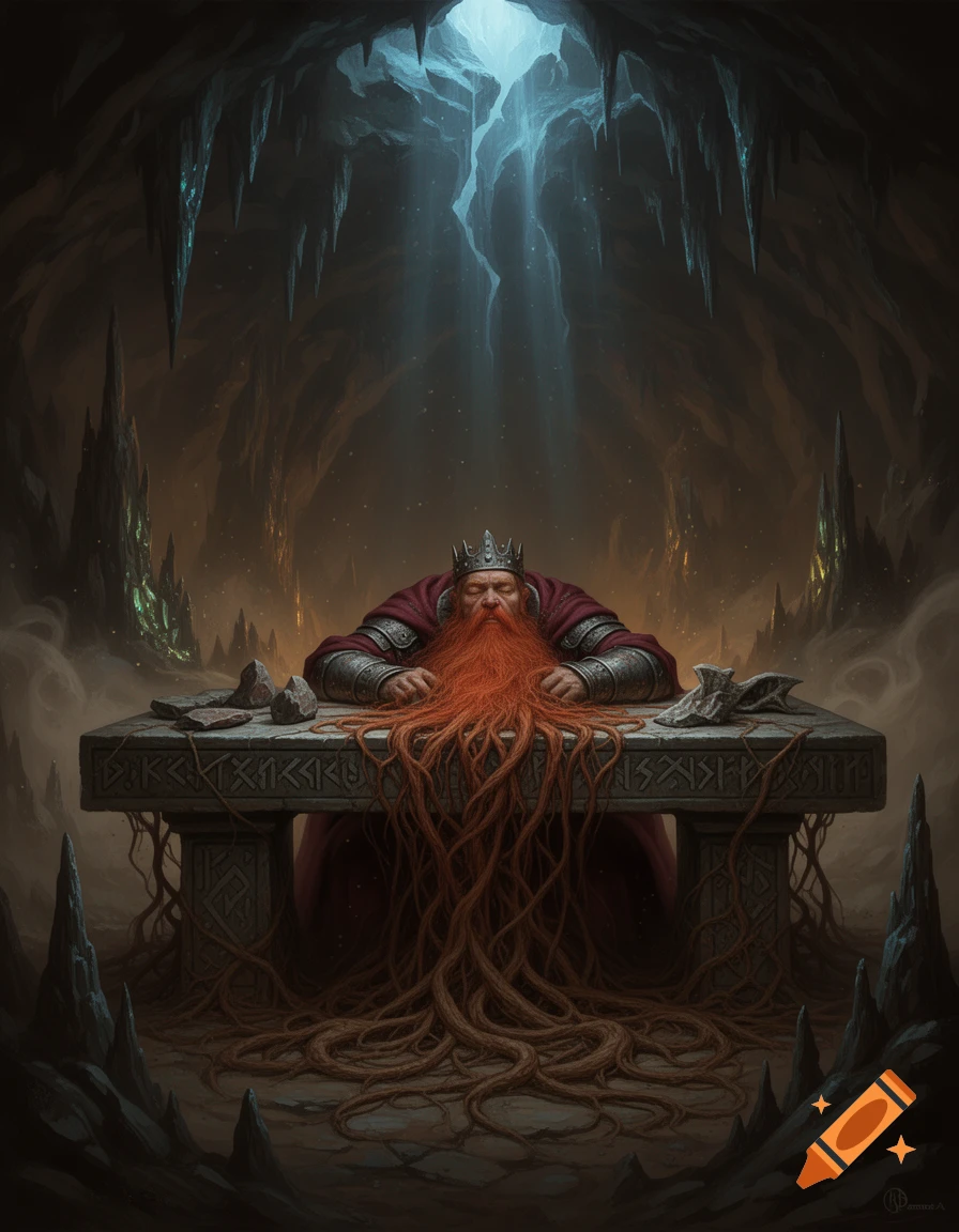 Digital painting of Emperor Barbarossa sleeping at a stone table in a subterranean cave with an overgrown red beard, mystical lighting.