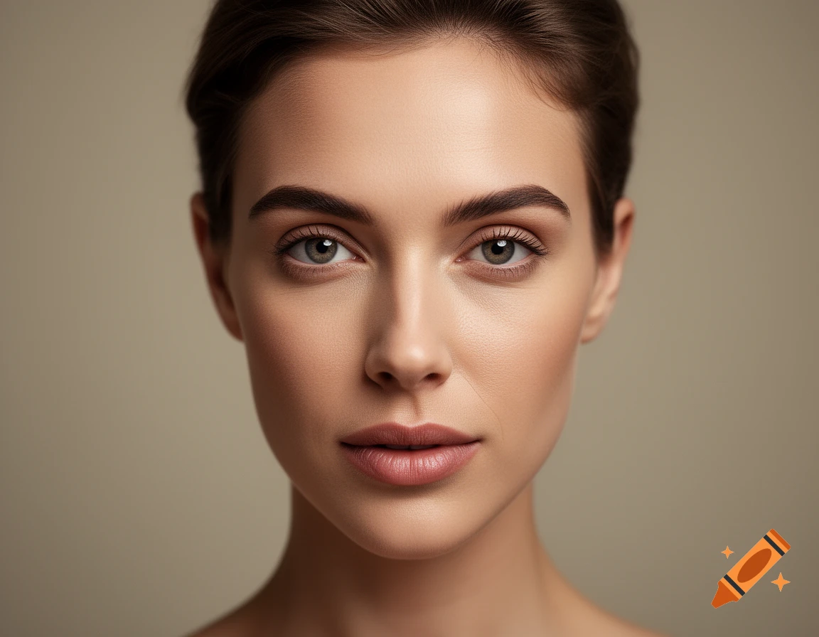 Close-up photorealistic portrait of a young woman with short brown hair, neutral expression, and soft lighting against a plain background.