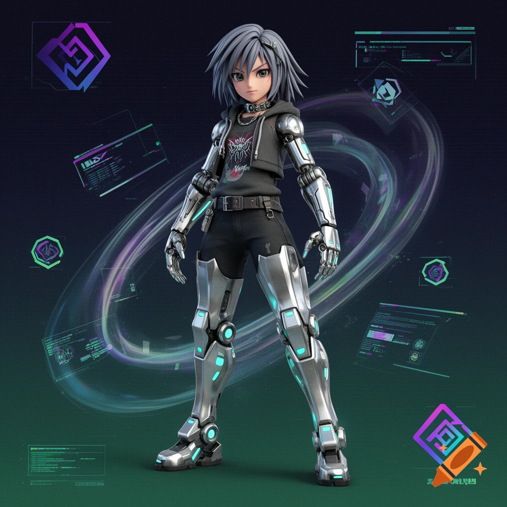 3D anime character with silver mech limbs and holographic displays in a retro video game style.