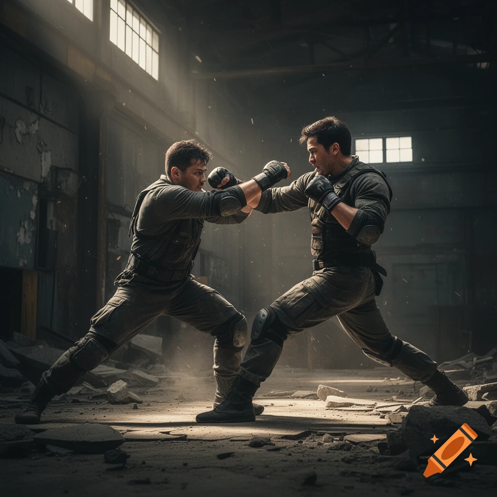 Two men in tactical gear engaged in a dynamic fighting stance inside a dusty, abandoned warehouse. Photorealistic style.