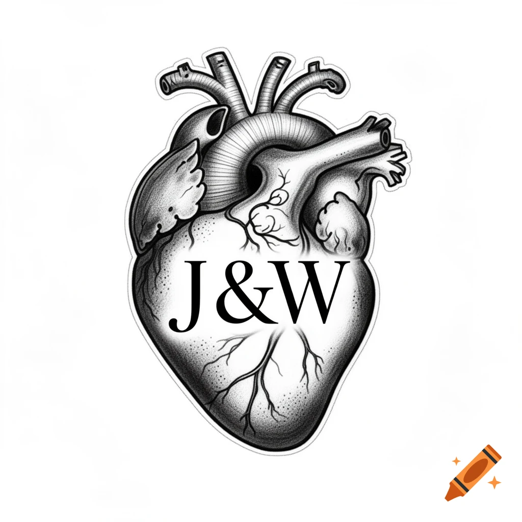 Black and white tattoo design of an anatomical heart with the initials J&W in the center, stipple shading.