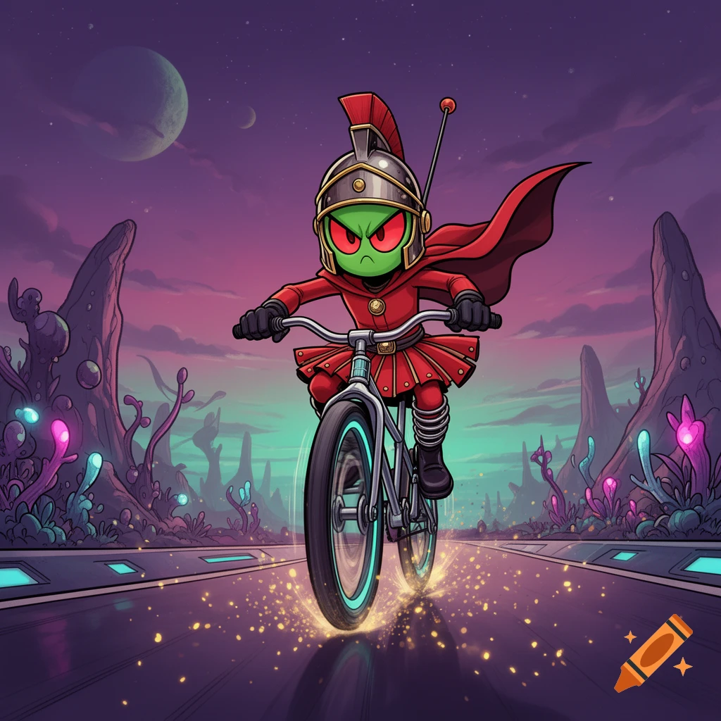 Illustration of a green alien in a Roman helmet and red cape riding a bicycle on an alien planet.