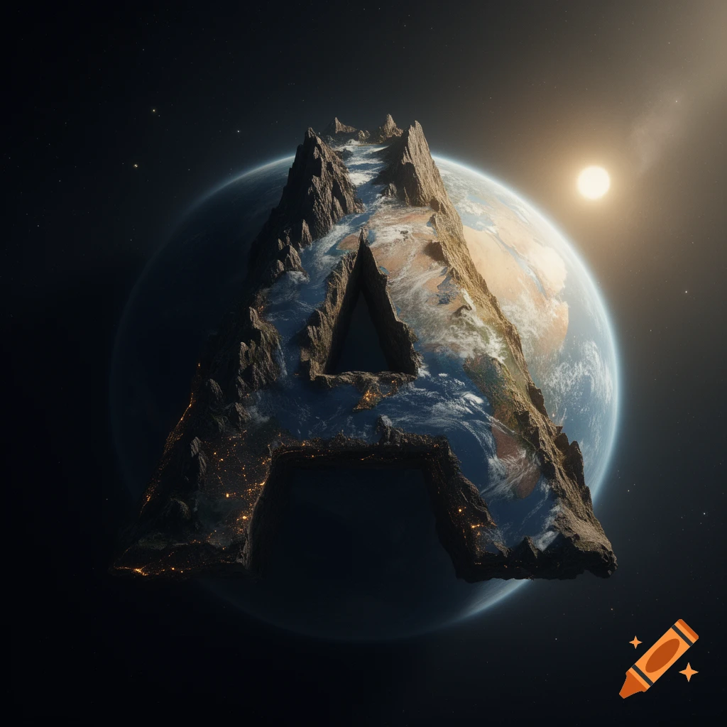 Photorealistic image of a rocky mountain formation shaped like the letter A, set against a backdrop of Earth in space with a bright sun.