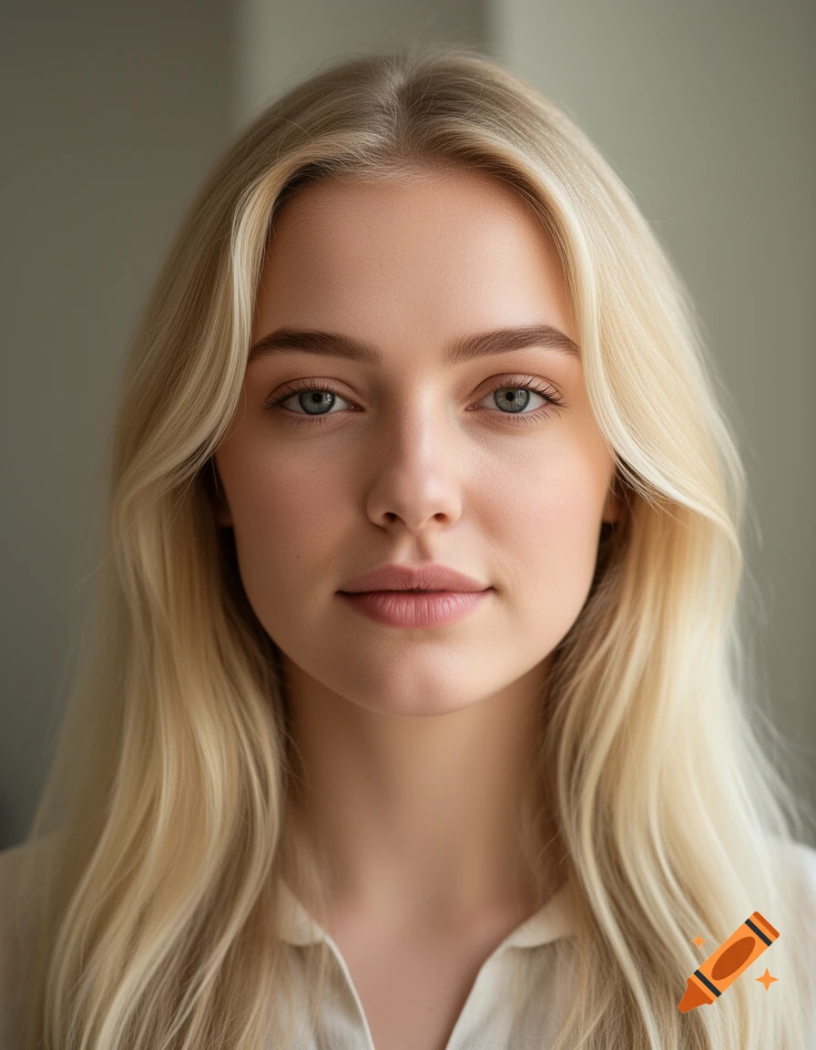 Close-up portrait of a young blonde woman with natural makeup and green eyes.