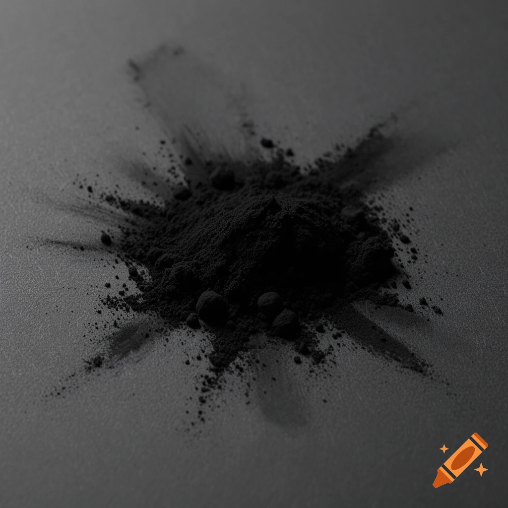 Close-up photograph of a pile of black carbon pigment powder on a dark gray surface, with splatters extending outward.