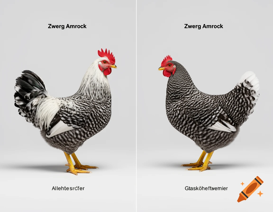 Photorealistic studio comparison of two Zwerg Amrock chickens against a light gray background with descriptive text.