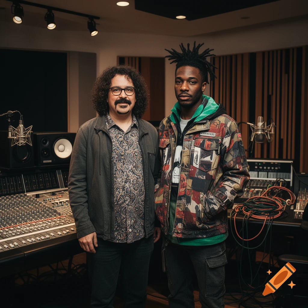 Photorealistic portrait of two men resembling Weird Al Yankovic and Tyler, the Creator standing in a recording studio.