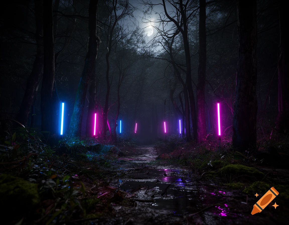 A photorealistic dark forest at night with a glowing moon and colorful neon light tubes along a wet dirt path.