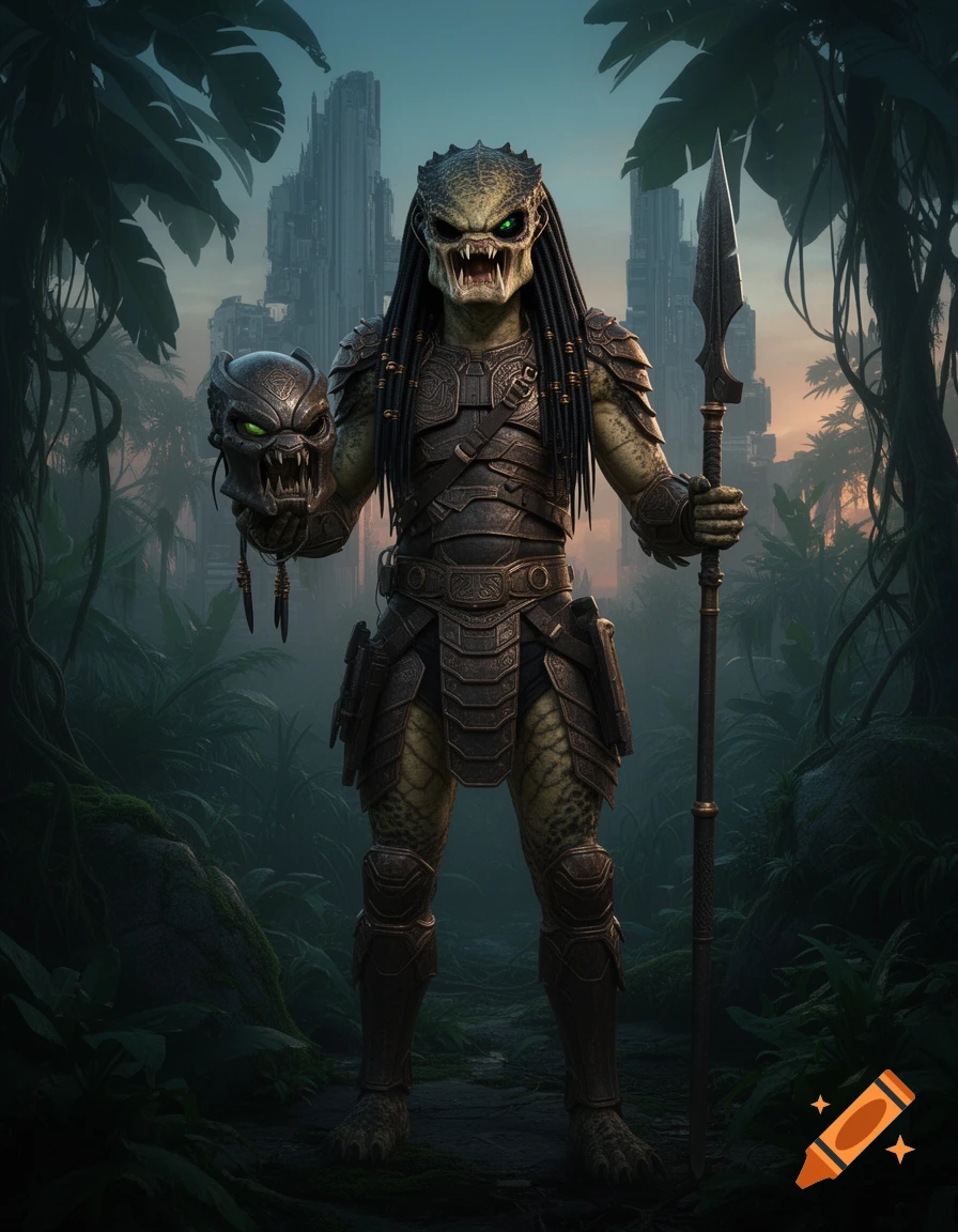 Realistic full-body depiction of a Yautja Predator holding its biopredator mask and a spear in a jungle with ruined buildings at dusk.