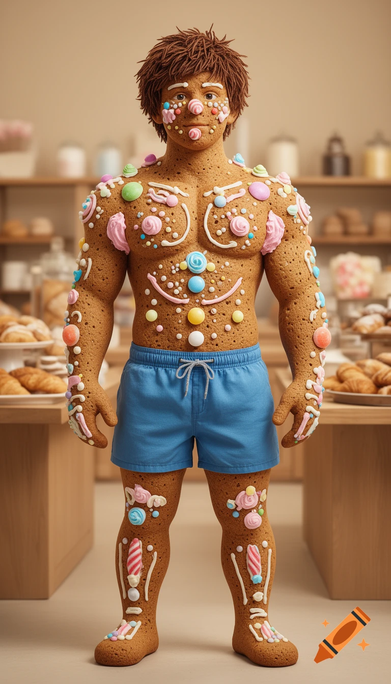 Photorealistic full-body shot of a teen boy made of gingerbread, decorated with colorful frosting and candy, wearing blue swim trunks.