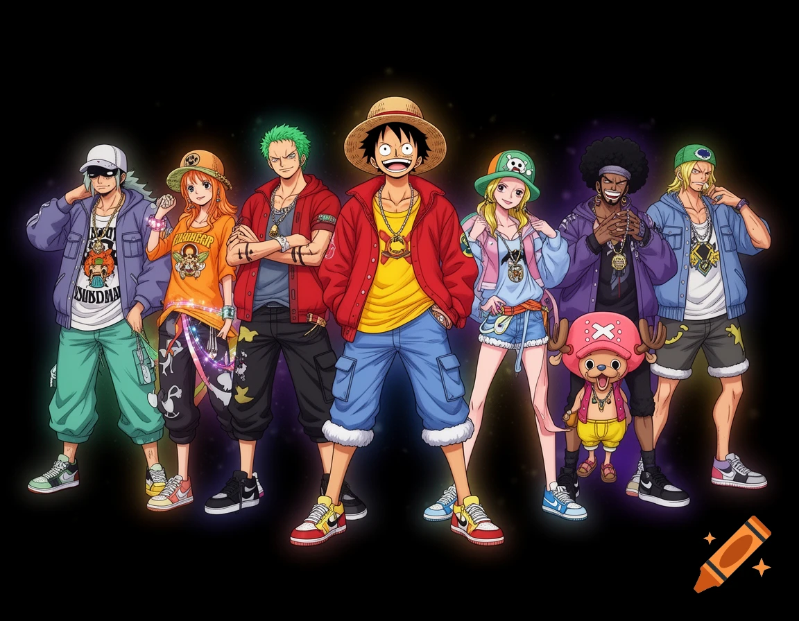 The Straw Hat Pirates from One Piece standing together in modern streetwear against a black background, anime style.